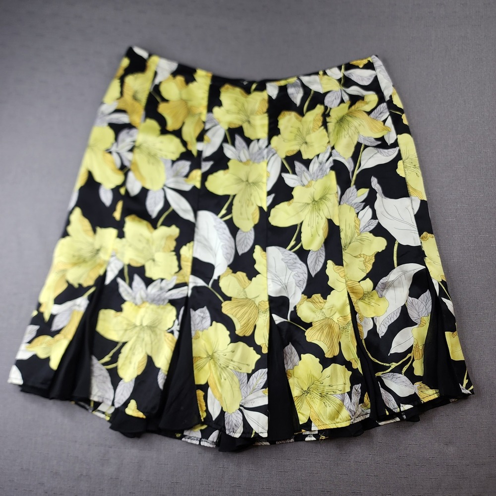 Bob Mackie Studio Vintage Silk Floral Pleated Skirt Black Yellow 16 Boho Party